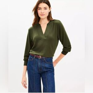 LOFT Jersey Split Neck Top - Green - Small